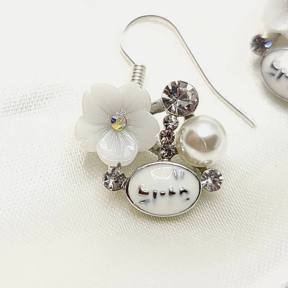 White Flower Pear Rhinestone Crystal Earrings
